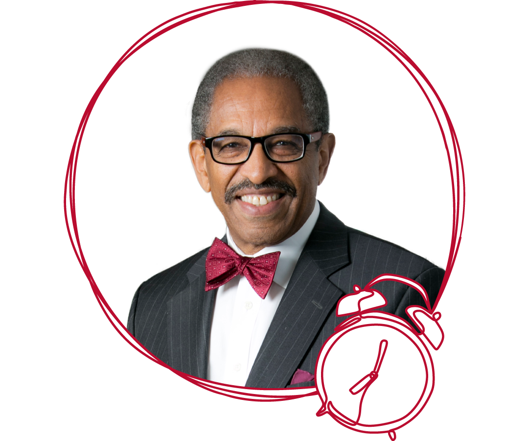 Headshot of the keynote speaker Benjamin Reese. His portrait is contained in a series of hand drawn circles that come together to form a contour line drawing of a retro alarm clock.