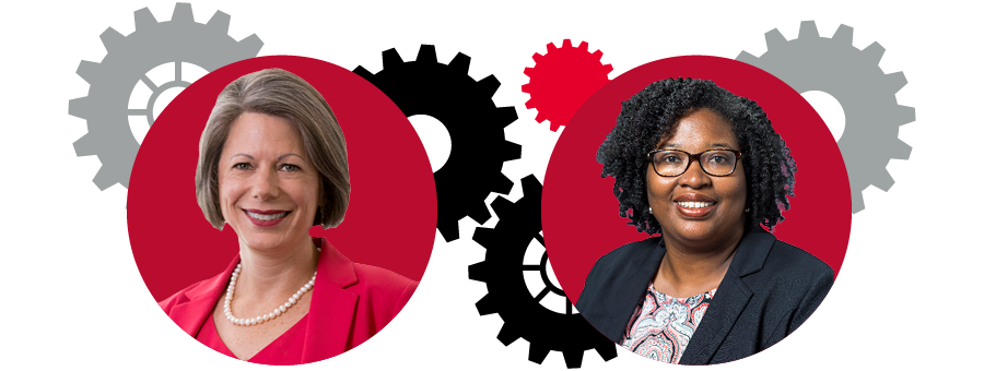 Headshots of Dean Denise Spangler and Marian Higgins, Associate Dean of Diversity, Equity, and Inclusion, Mary Frances Early College of Education. Their headshots are displayed on top of a series of red, black, and grey clock gears.