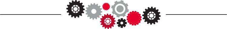 Illustrated page divider. Red, black, and grey clock gears set in the middle of a solid black line.