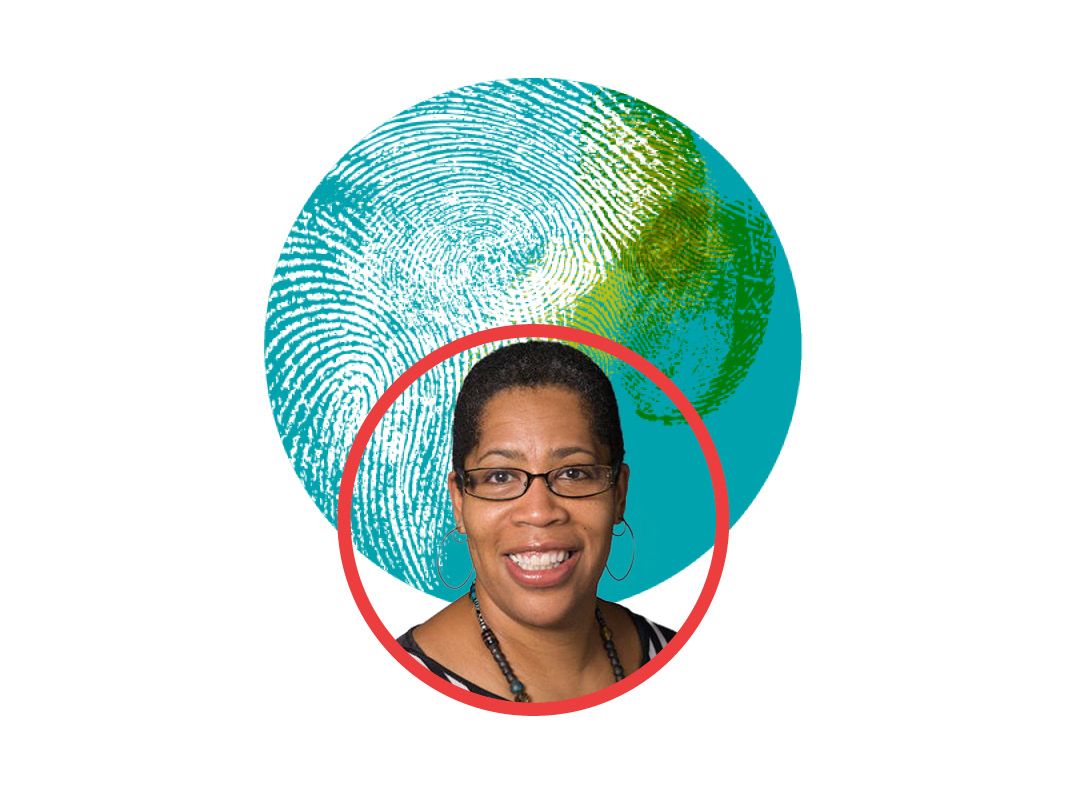 A round portrait of Keynote Speaker Cynthia B. Dillard with a red frame overlaps an abstract depiction of Earth. The illustration of Earth depicts landforms and clouds with a fingerprint texture.