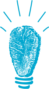 An illustration of a blue lightbulb, created by a fingerprint, radiates