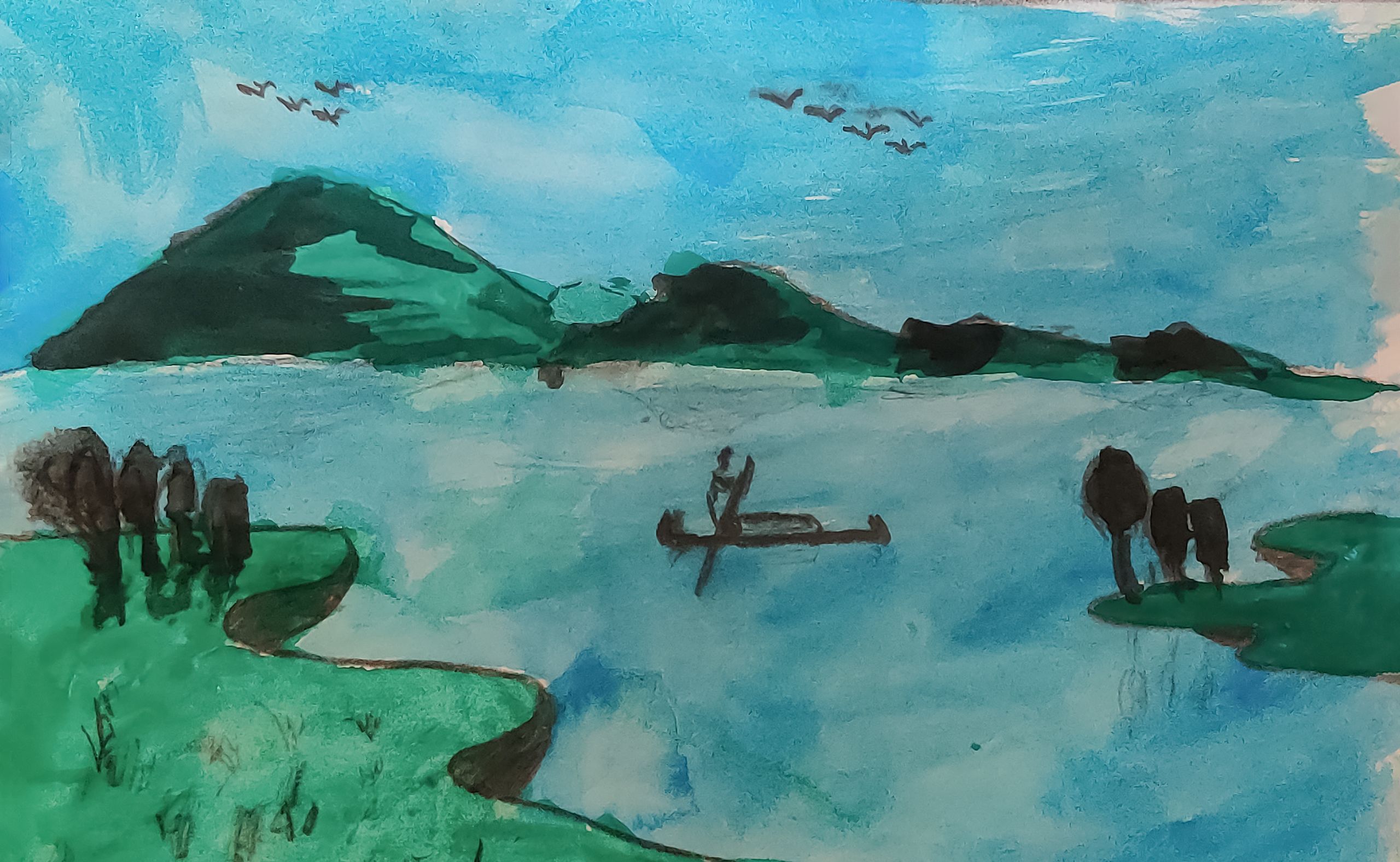 A child's watercolor painting of a mountain lake scene. The sky and water reflect the same watery shade of light blue, while a lone figure in a canoe is silhouetted in the middle of the lake. A green mountain range of four peaks, descending in size from left to right anchor the background. Two flocks of birds soar overhead. Undulating green coasts, dotted with black trees, flank either side of the foreground.