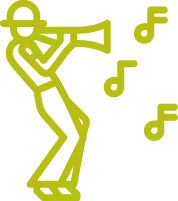 Flat-style icon depicting a jazzy horn player