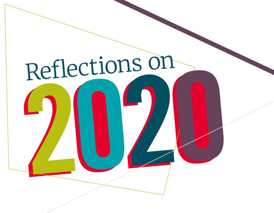 Word art depicting "Reflections on 2020" with geometric shapes and lines