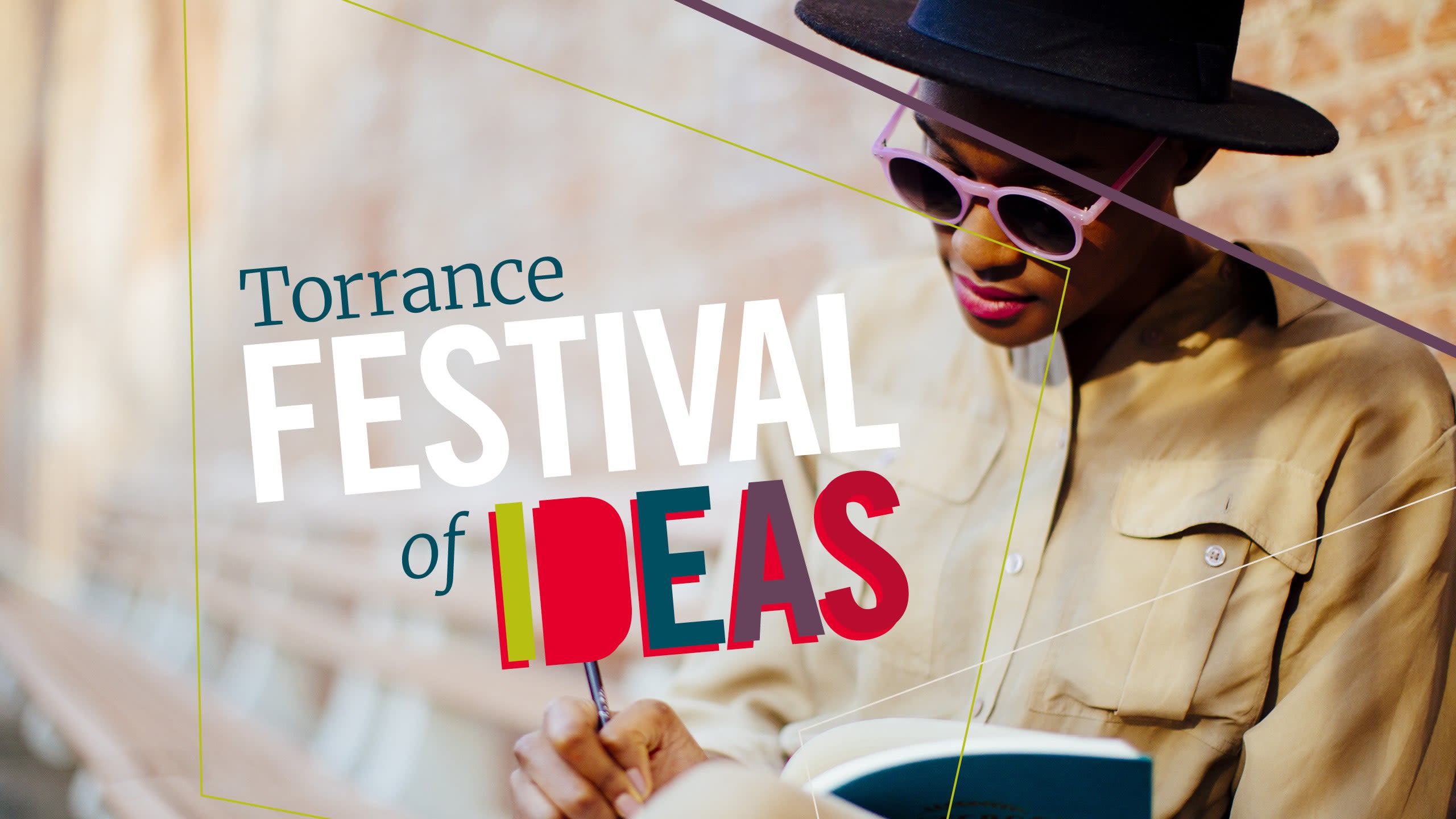 Text that says "Torrance Festival of Ideas" overlaps a photo of a young black poet writing in a journal on a sunny bench