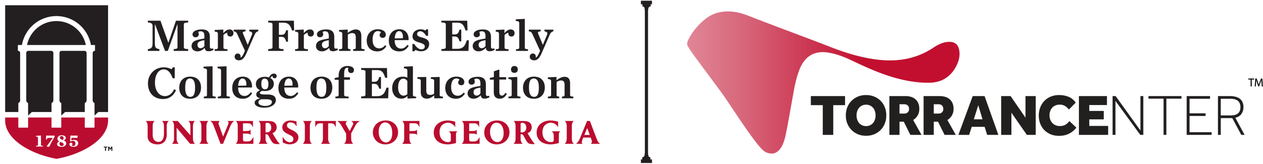 Co-branded logo featuring The University of Georgia Mary Frances Early College of Education logo, which features a red and black shield with an inset white arch, is to the left of the Torrance Center logo which features a red, amorphous shape. The logos are separated by a black line.  