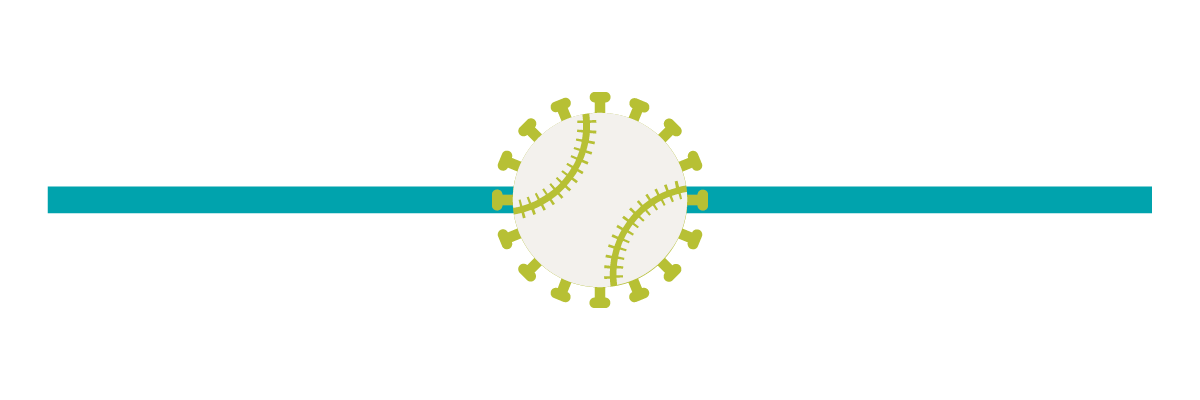 A blue line divider with an icon depicting a baseball with a spike protein