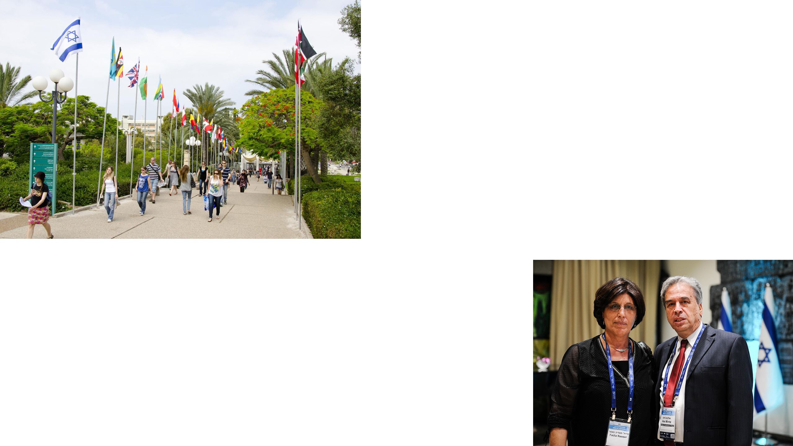 Outdoor campus scene of Tel Aviv University–world flags and palm trees flank a busy sidewalk. Inset: Professor Alhija poses with a colleague at a conference.