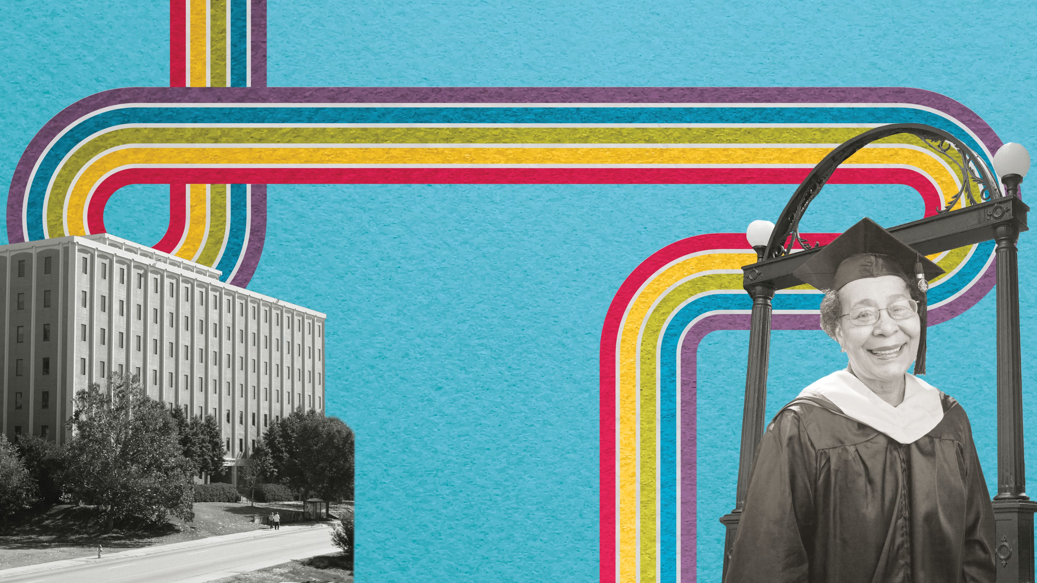 Mary Frances Early stands in front of the UGA Arch on the right and flanked by Aderhold on her left against a blue textured paper background with a rainbow cascading through the space.