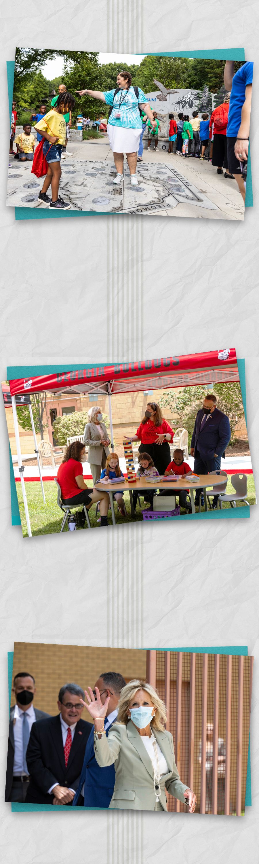 Three photos depicting Susan Cardin with Horizon students and Flotus Jill Biden during her visit to the program this summer.