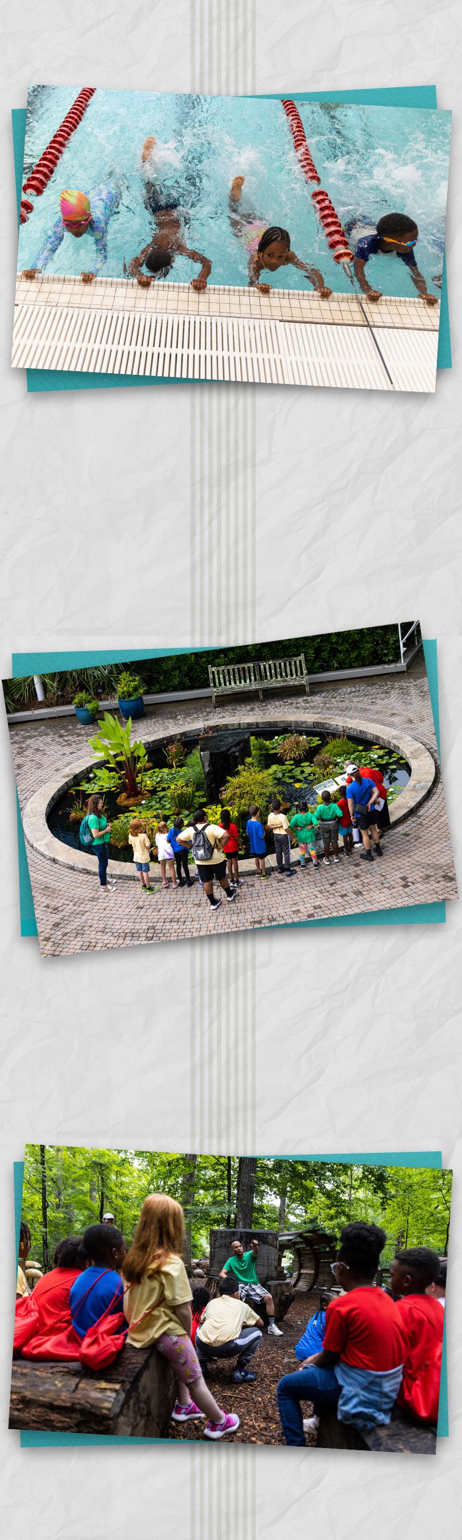 Three photos depicting Horizon's students practicing kicks in the Ramsey pool and a field trip to the State Botanical Gardens.