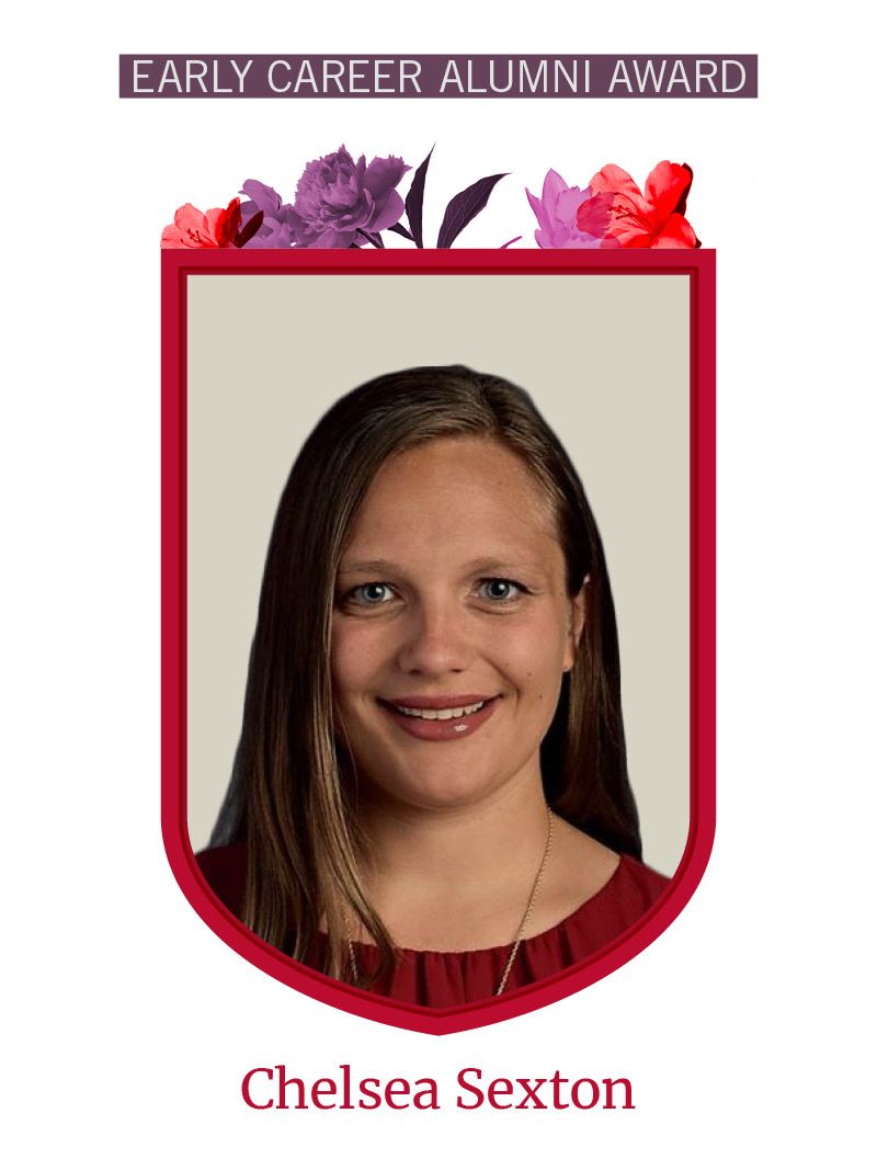 Photo of Chelsea Sexton framed by red shield shape and flowers. Text at the top reads "Early Career Alumni Award"