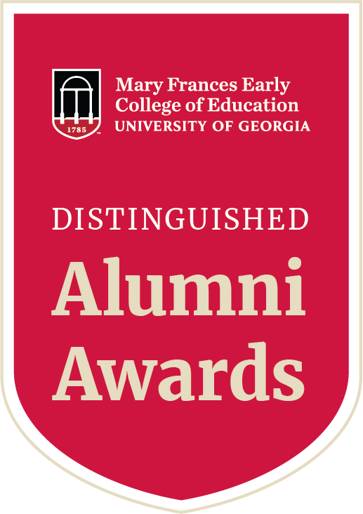 Red shield bearing the Mary Frances Early College of Education's logo at the top. Text underneath says "Distinguished Alumni Awards"
