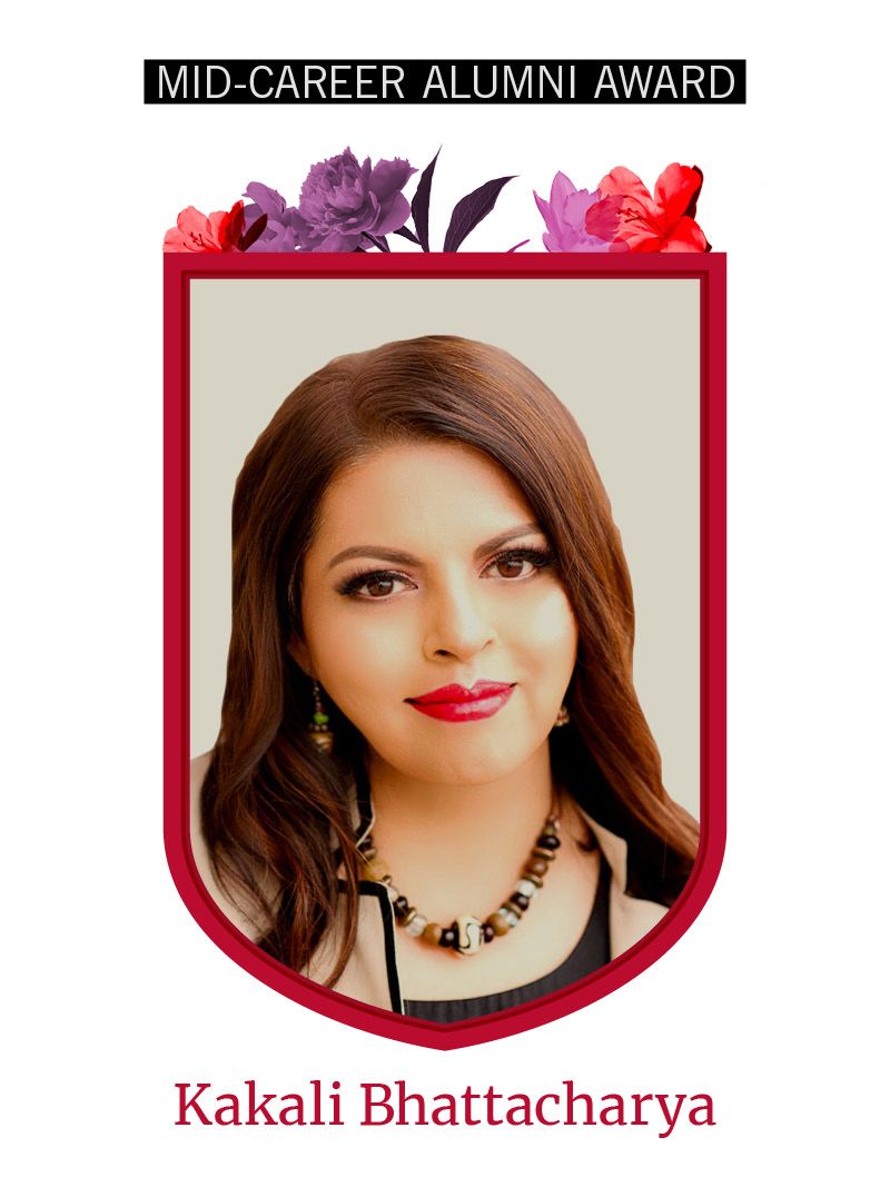 Photo of Kakali Bhattacharya framed by red shield shape and flowers. Text at the top reads "Mid-Career Alumni Award"