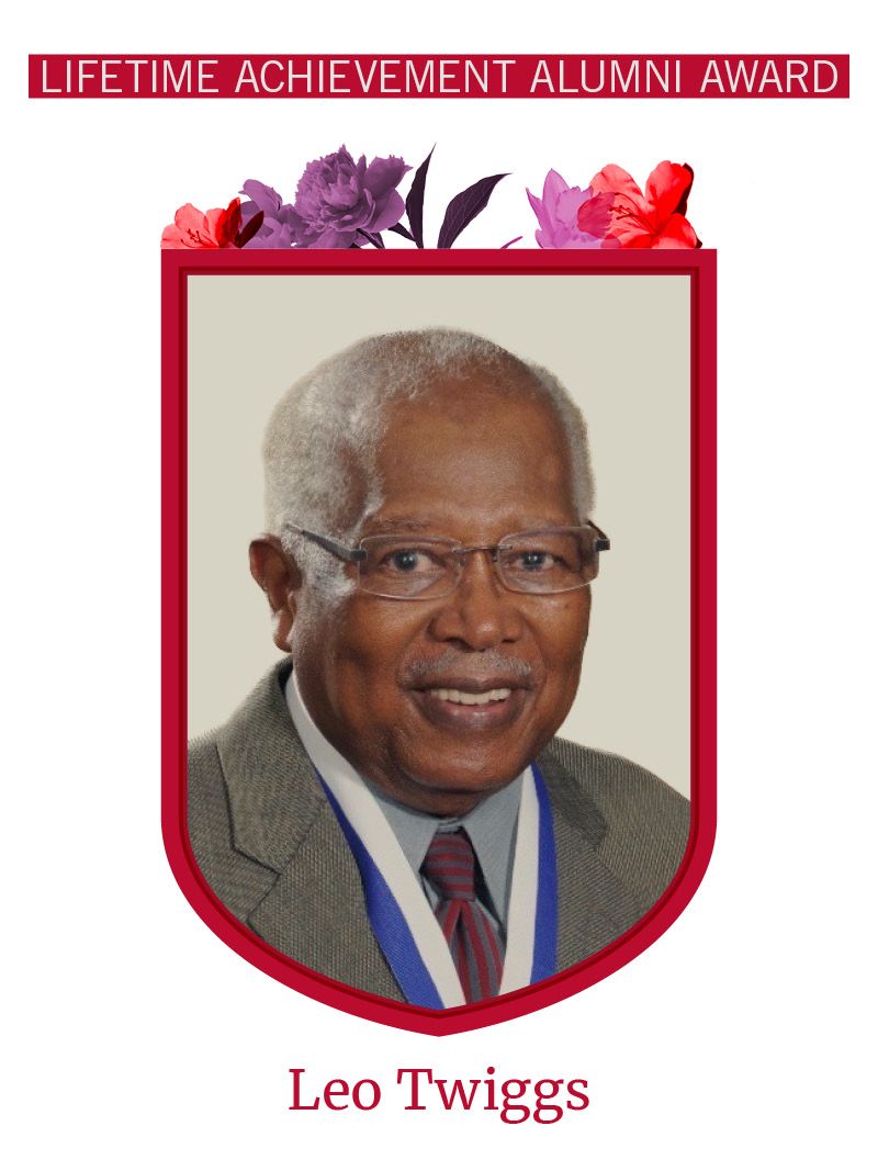 Photo of Leo Twiggs framed by red shield shape and flowers. Text at the top reads "Early Career Alumni Award"
