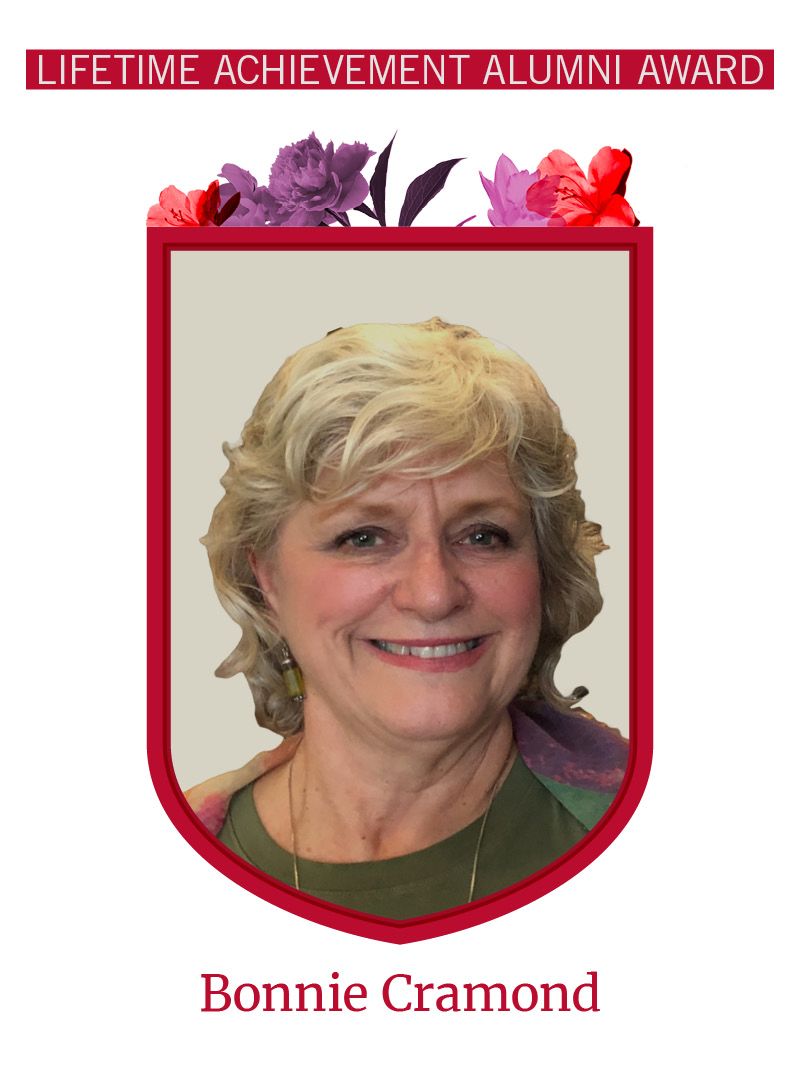 Photo of Bonnie Cramond framed by red shield shape and flowers. Text at the top reads "Early Career Alumni Award"