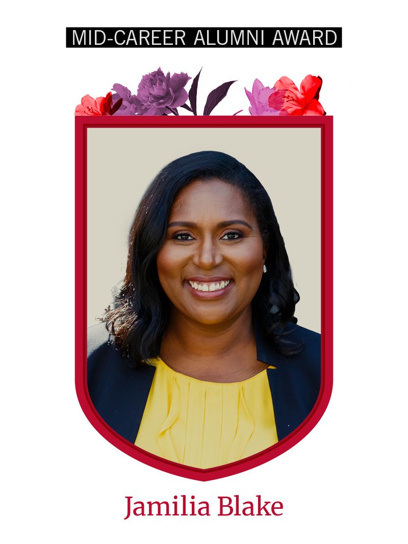 Photo of Jamilia Blake framed by red shield shape and flowers. Text at the top reads "Early Career Alumni Award"