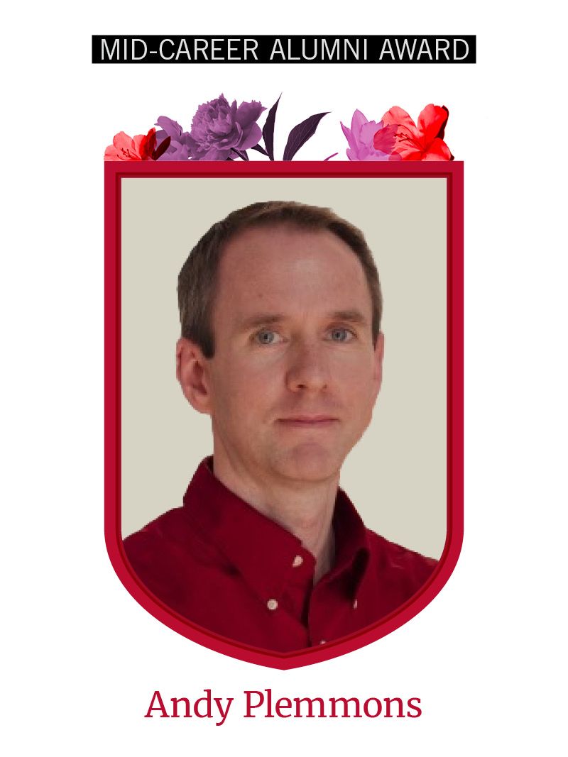 Photo of Candace Moore framed by red shield shape and flowers. Text at the top reads "Early Career Alumni Award"