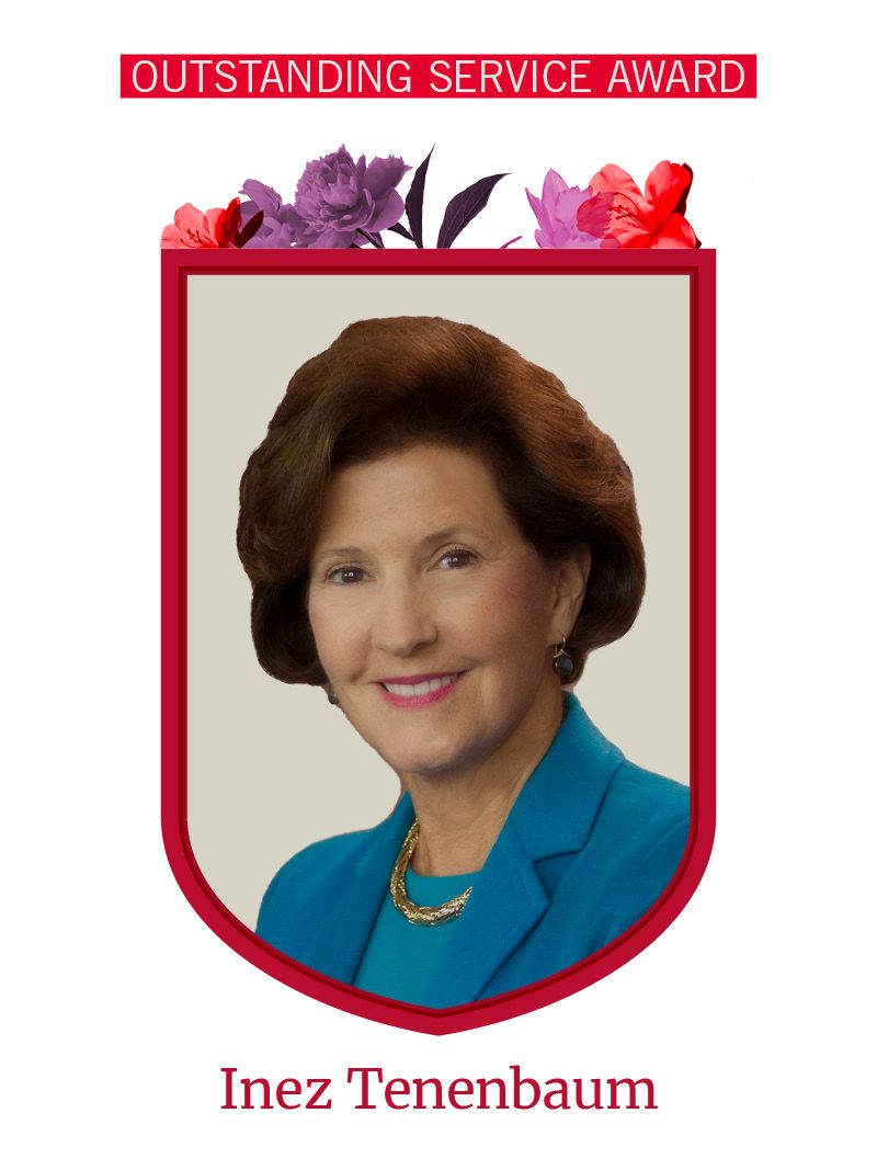 Photo of Inez Tenenbaum framed by red shield shape and flowers. Text at the top reads "Early Career Alumni Award"